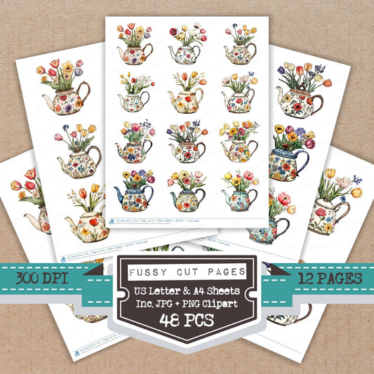 Teakettle Blooming with Flowers fussy cut printable sheets for junk journaling, scrapbooking, and paper craft projects