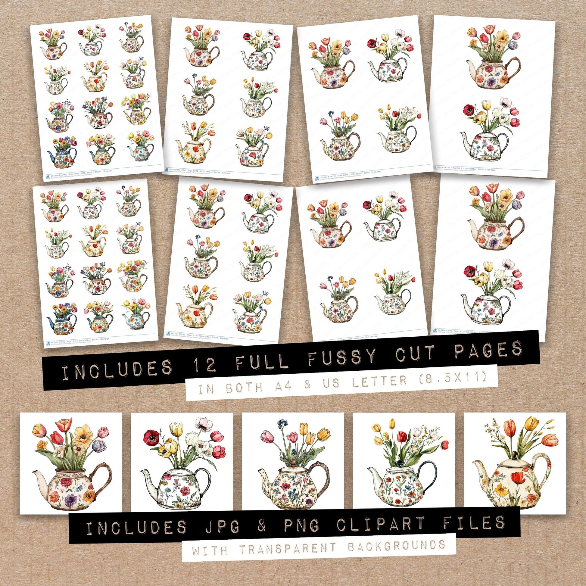 Full collection view of Teakettle Blooming with Flowers fussy cut sheets with bonus clipart JPG and PNG files
