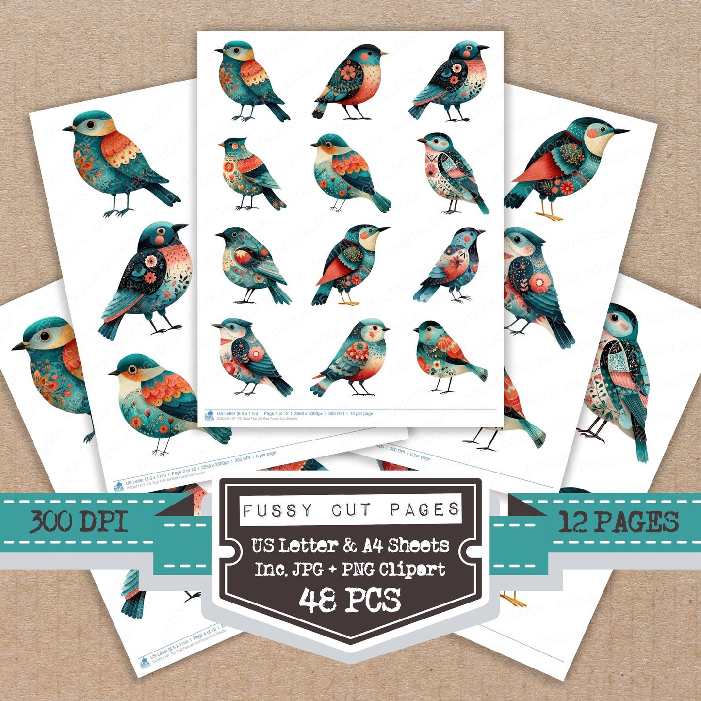Teal Folk Art Bird fussy cut printable sheets for junk journaling, scrapbooking, and paper craft projects