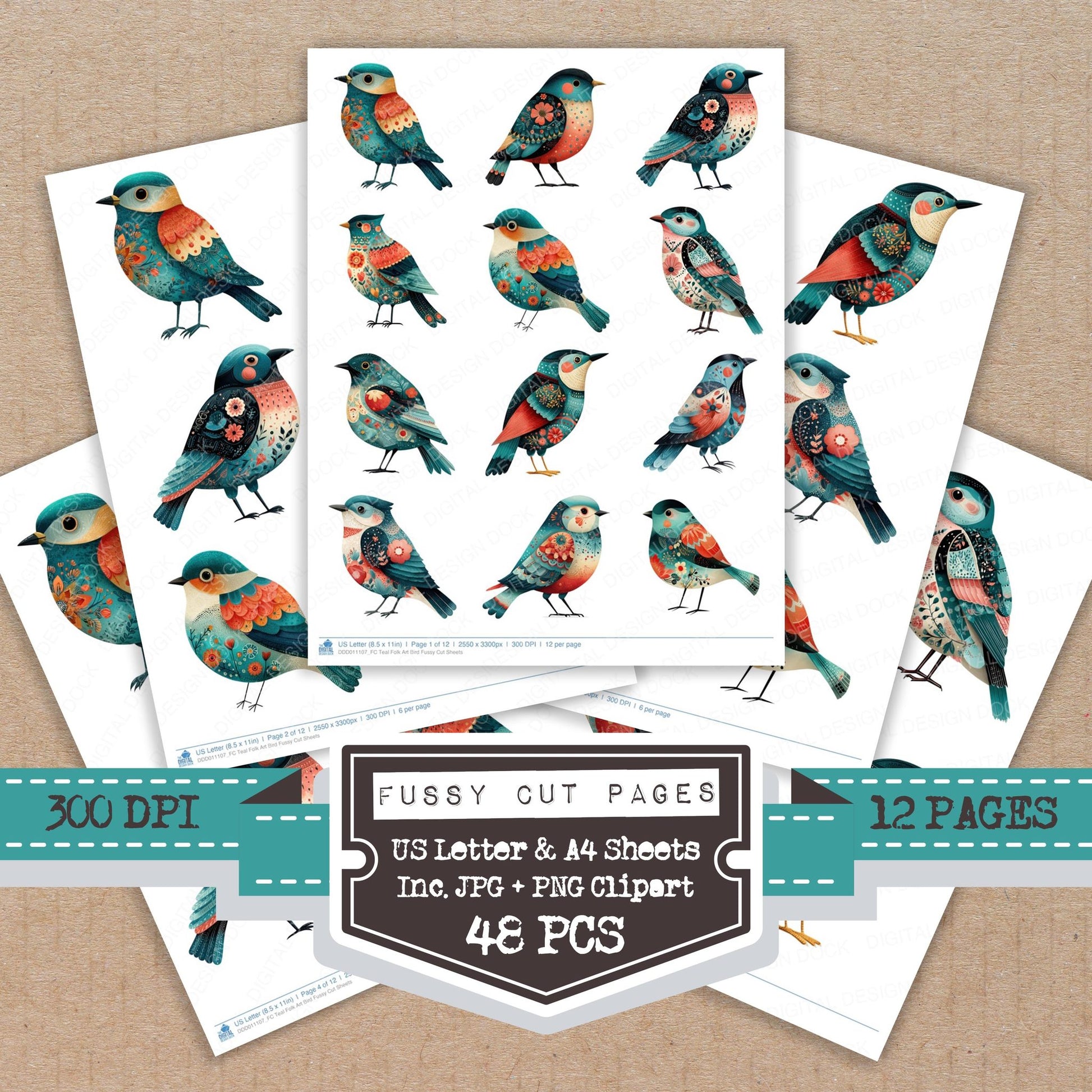 Teal Folk Art Bird fussy cut printable sheets for junk journaling, scrapbooking, and paper craft projects