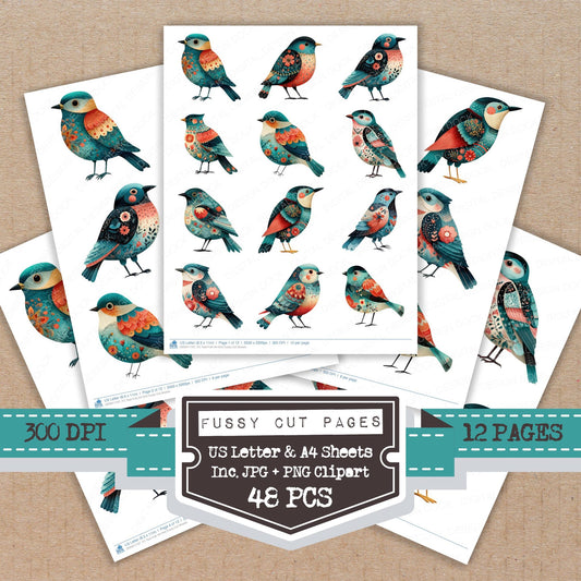 Teal Folk Art Bird fussy cut printable sheets for junk journaling, scrapbooking, and paper craft projects