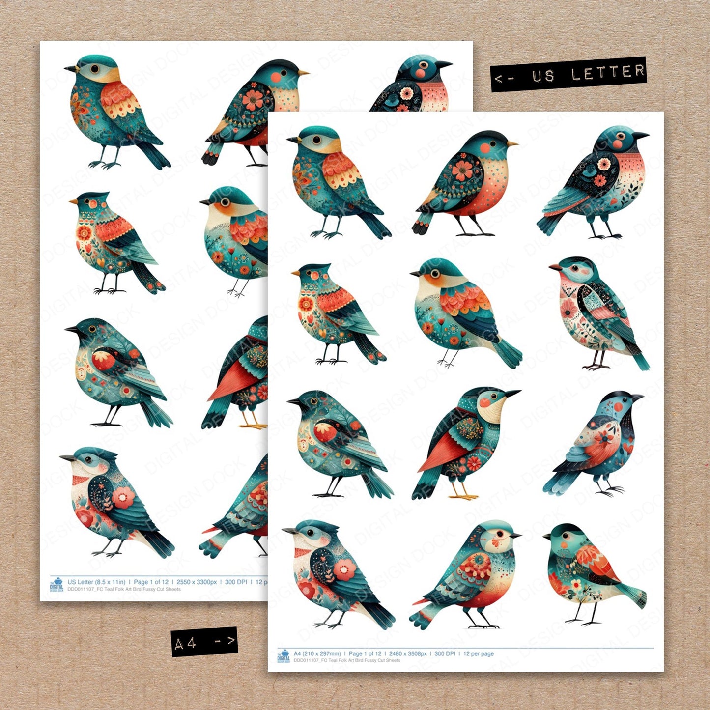 A4 and US Letter format comparison showing Teal Folk Art Bird fussy cut pages for print and cut crafting