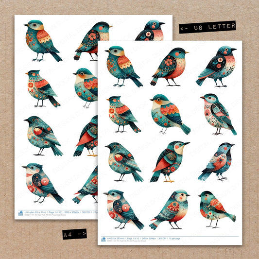 A4 and US Letter format comparison showing Teal Folk Art Bird fussy cut pages for print and cut crafting