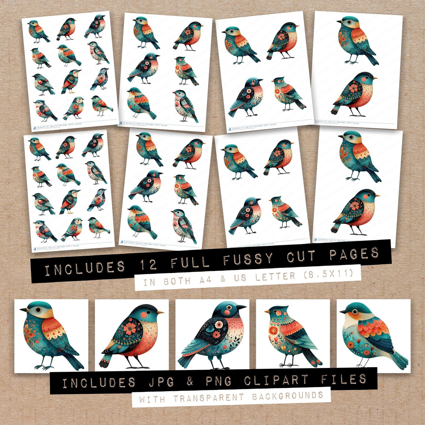 Full collection view of Teal Folk Art Bird fussy cut sheets with bonus clipart JPG and PNG files