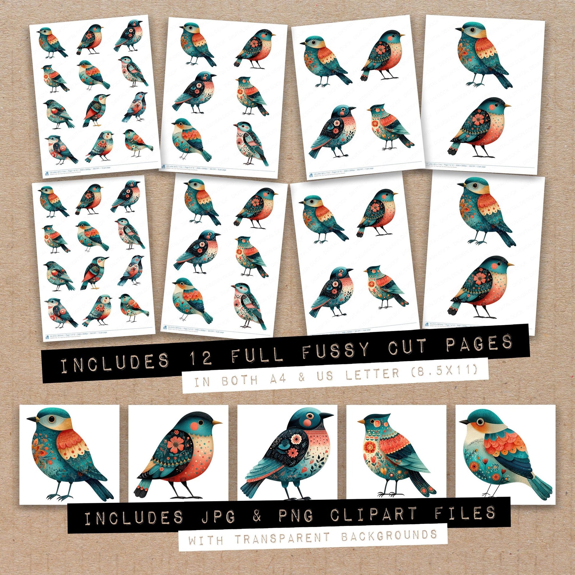Full collection view of Teal Folk Art Bird fussy cut sheets with bonus clipart JPG and PNG files