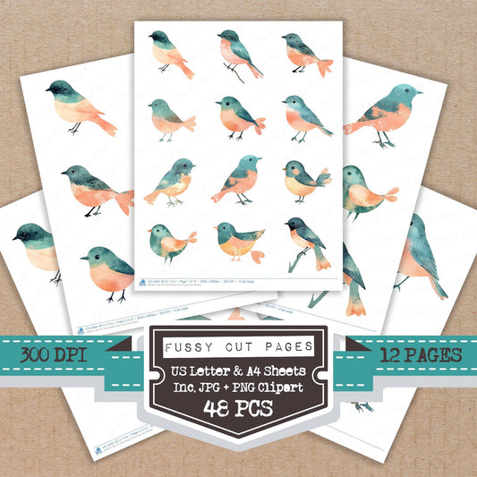 Teal Peach Bird fussy cut printable sheets for junk journaling, scrapbooking, and paper craft projects