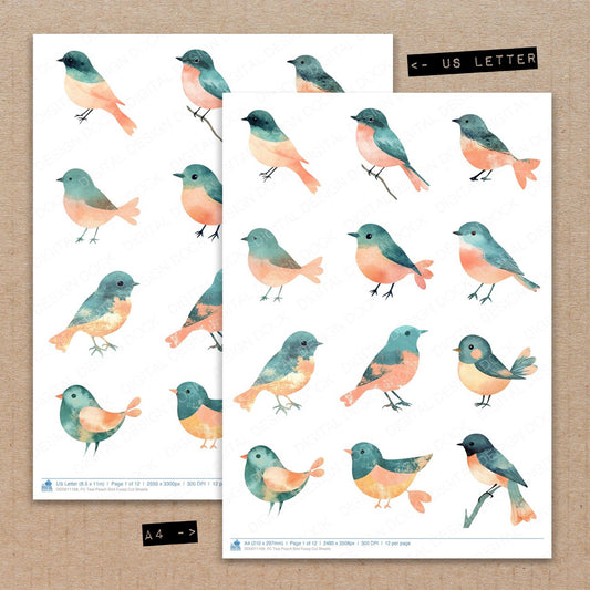 A4 and US Letter format comparison showing Teal Peach Bird fussy cut pages for print and cut crafting