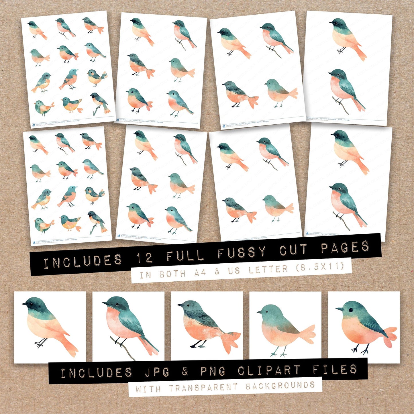 Full collection view of Teal Peach Bird fussy cut sheets with bonus clipart JPG and PNG files