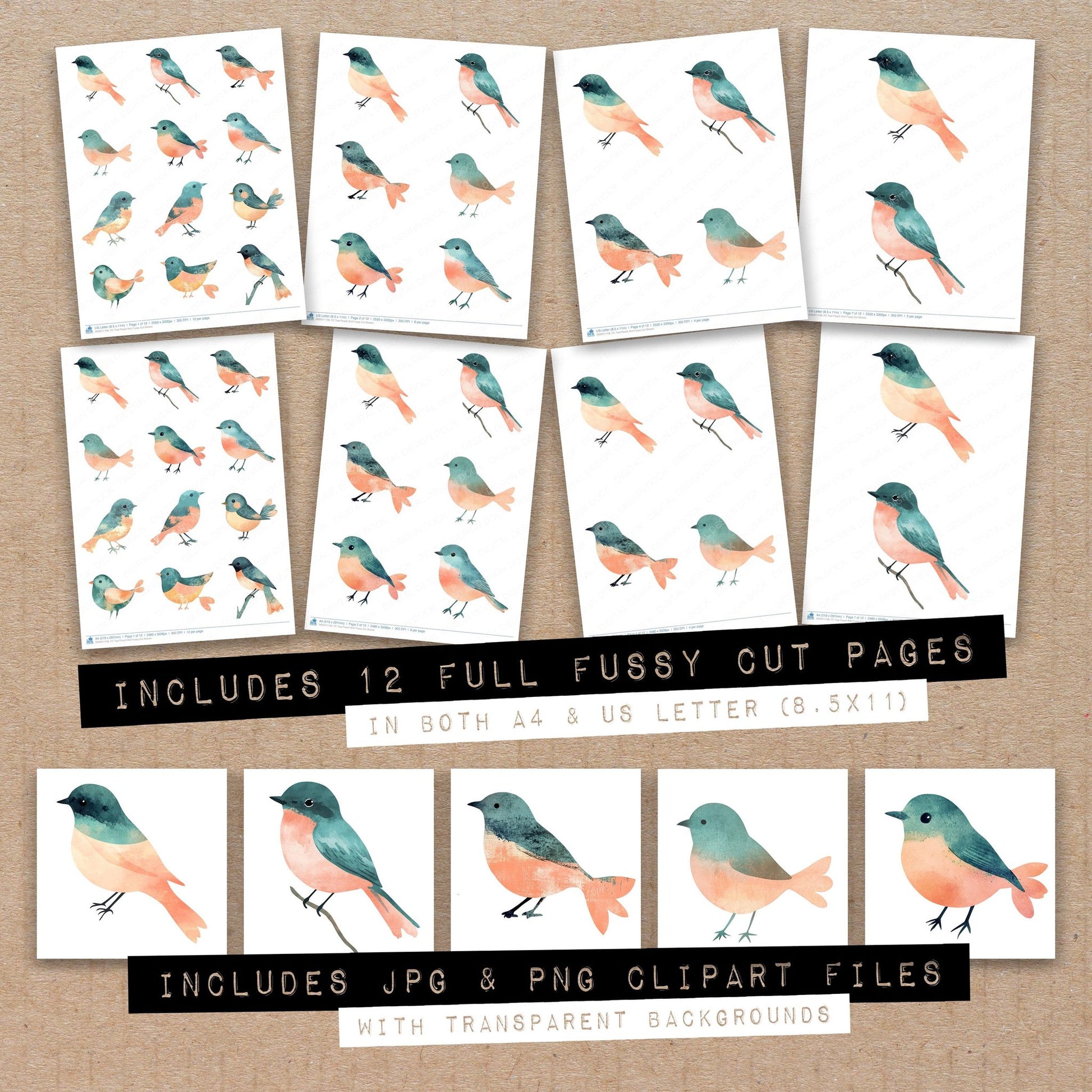 Full collection view of Teal Peach Bird fussy cut sheets with bonus clipart JPG and PNG files