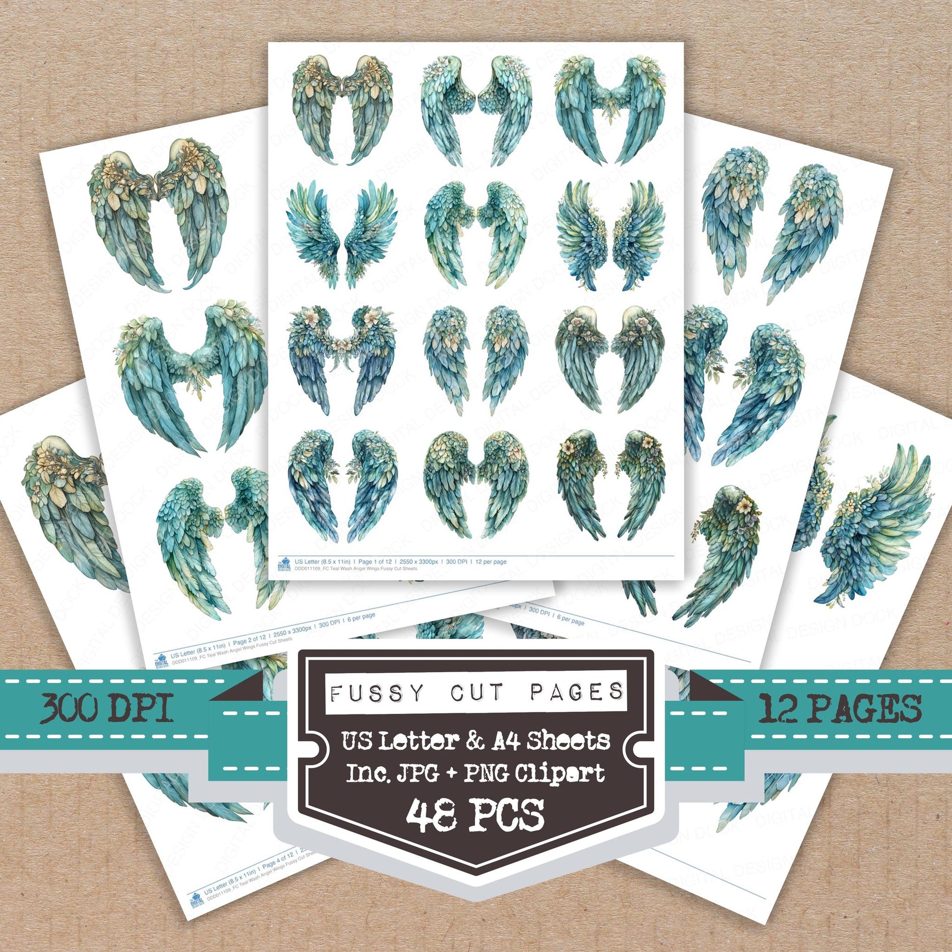 Teal Wash Angel Wings fussy cut printable sheets for junk journaling, scrapbooking, and paper craft projects