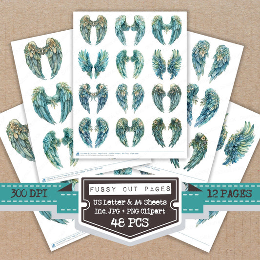 Teal Wash Angel Wings fussy cut printable sheets for junk journaling, scrapbooking, and paper craft projects