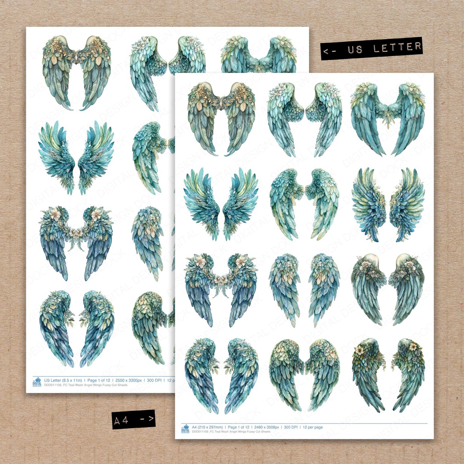 A4 and US Letter format comparison showing Teal Wash Angel Wings fussy cut pages for print and cut crafting