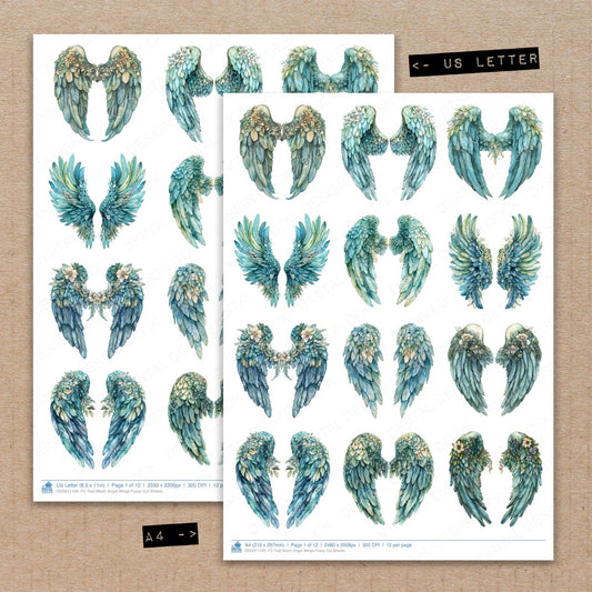 A4 and US Letter format comparison showing Teal Wash Angel Wings fussy cut pages for print and cut crafting