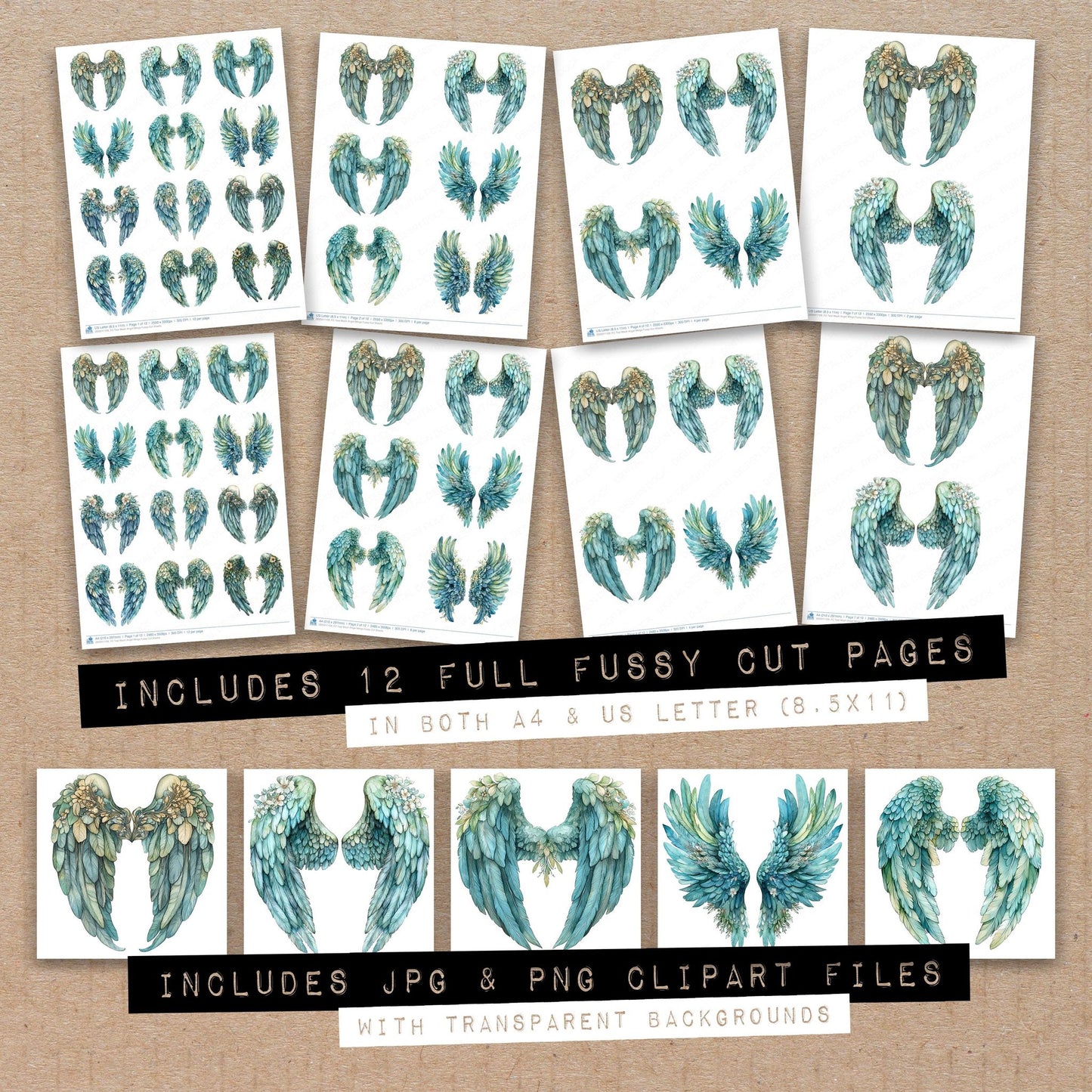 Full collection view of Teal Wash Angel Wings fussy cut sheets with bonus clipart JPG and PNG files