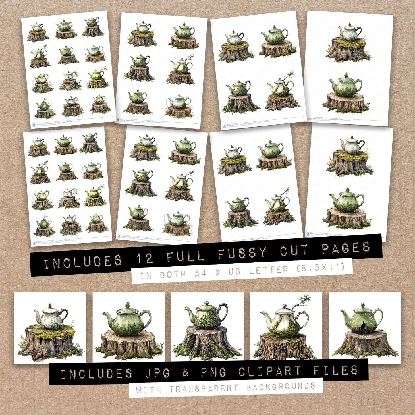 Teapot on Tree Stump Fussy Cut Sheets (DDD011110)