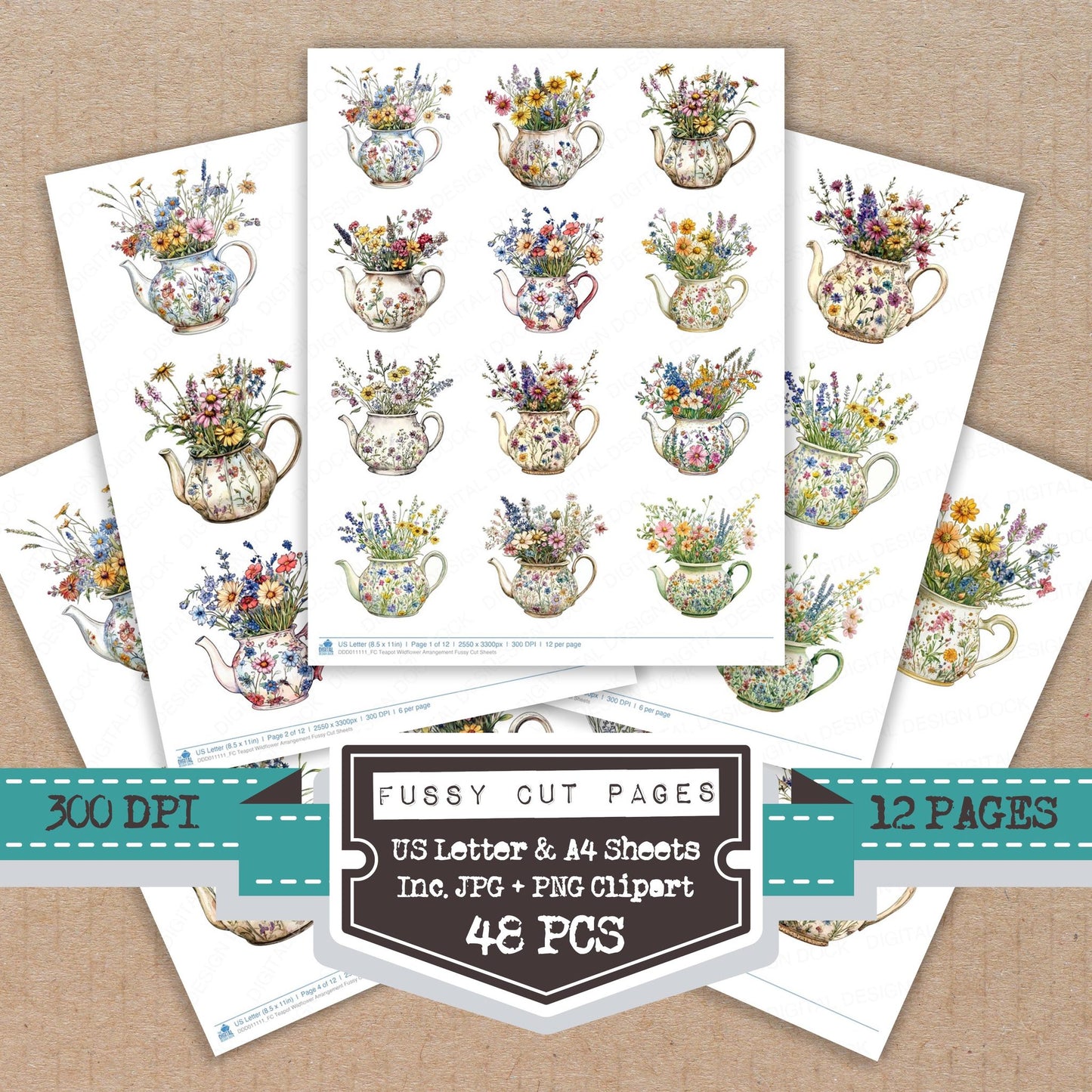 Teapot Wildflower Arrangement fussy cut printable sheets for junk journaling, scrapbooking, and paper craft projects