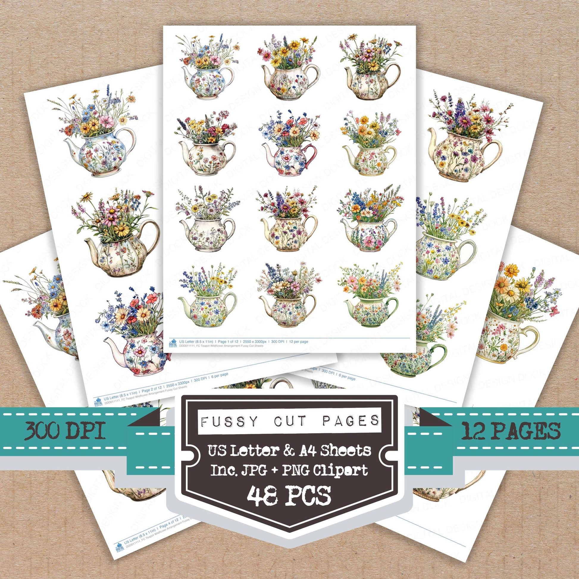Teapot Wildflower Arrangement fussy cut printable sheets for junk journaling, scrapbooking, and paper craft projects