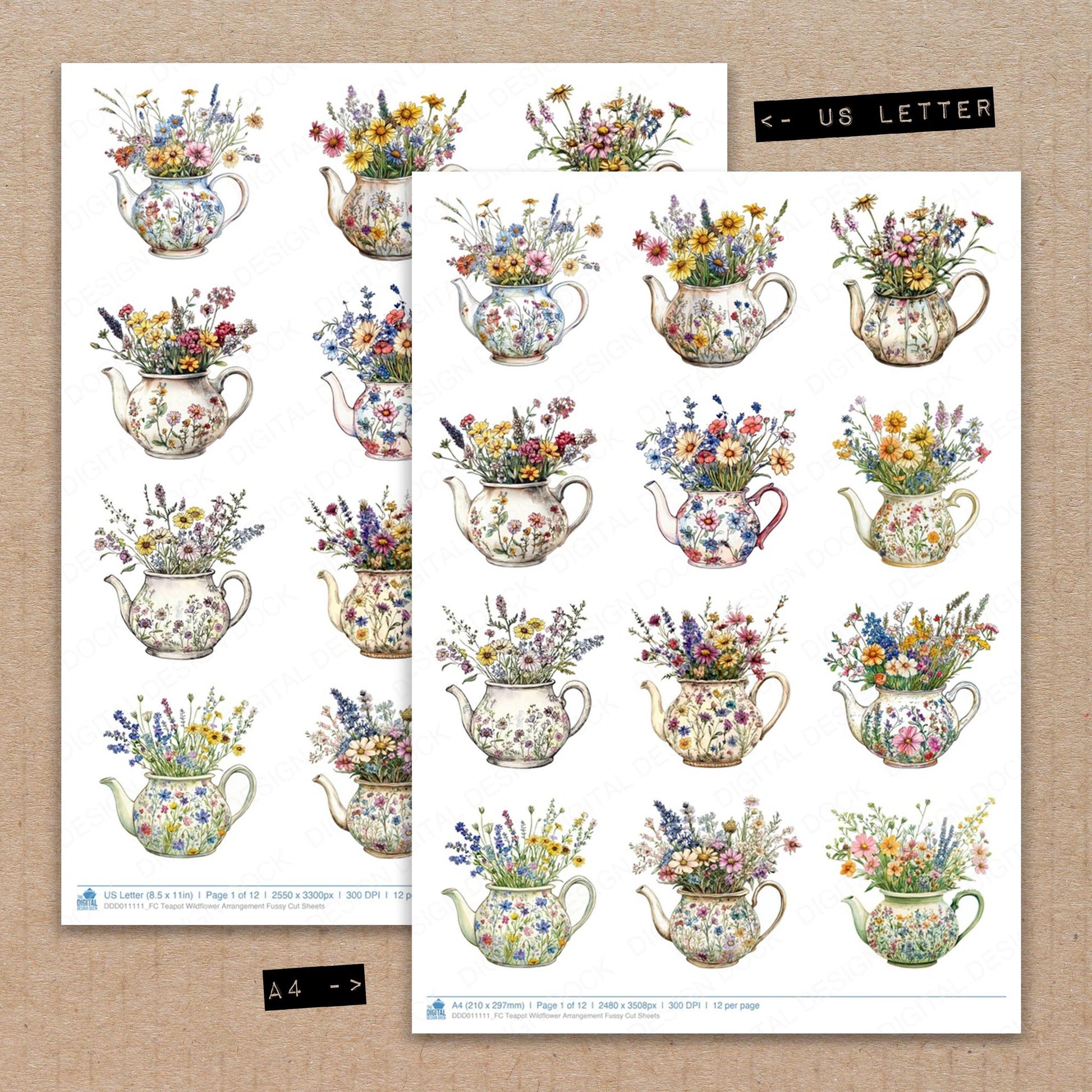 A4 and US Letter format comparison showing Teapot Wildflower Arrangement fussy cut pages for print and cut crafting