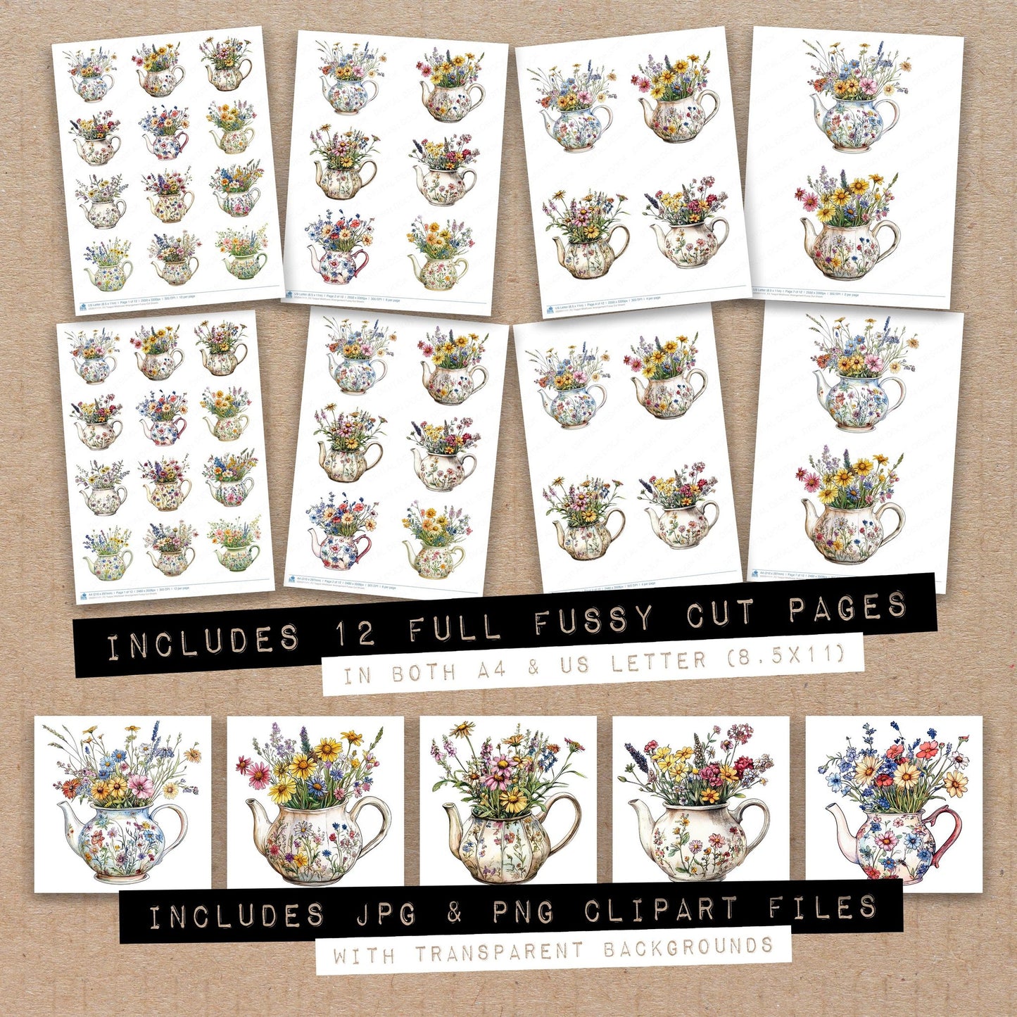 Full collection view of Teapot Wildflower Arrangement fussy cut sheets with bonus clipart JPG and PNG files