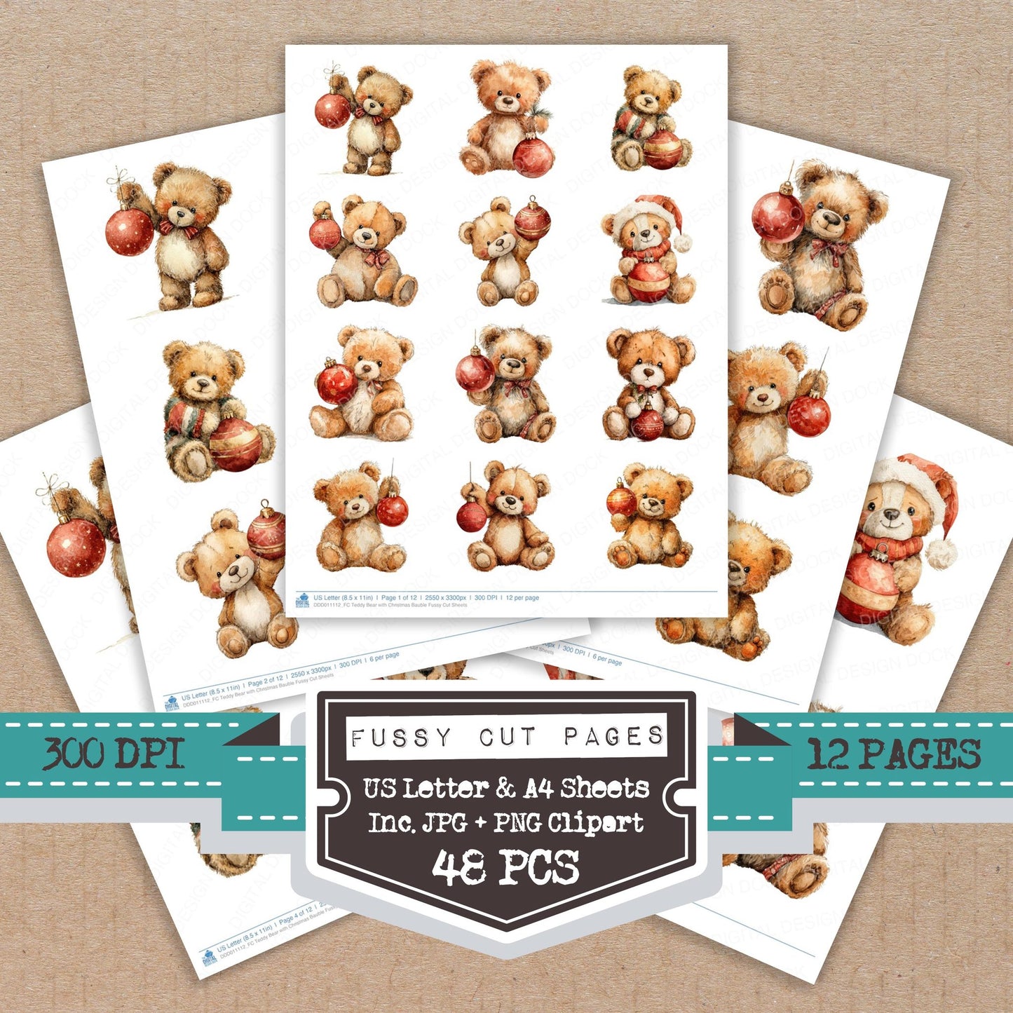 Teddy Bear with Christmas Bauble fussy cut printable sheets for junk journaling, scrapbooking, and paper craft projects