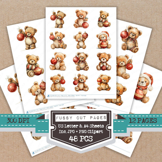 Teddy Bear with Christmas Bauble fussy cut printable sheets for junk journaling, scrapbooking, and paper craft projects