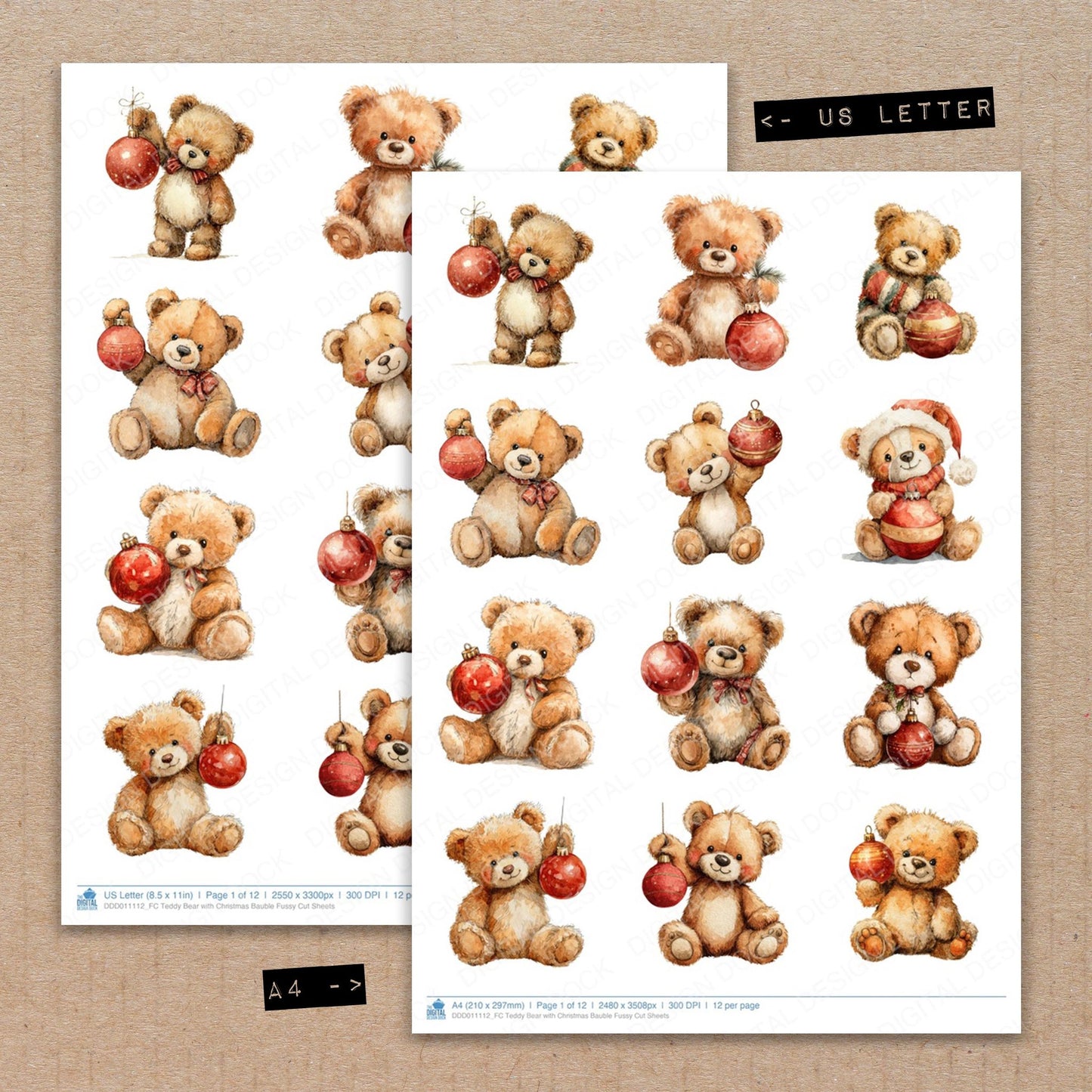 A4 and US Letter format comparison showing Teddy Bear with Christmas Bauble fussy cut pages for print and cut crafting
