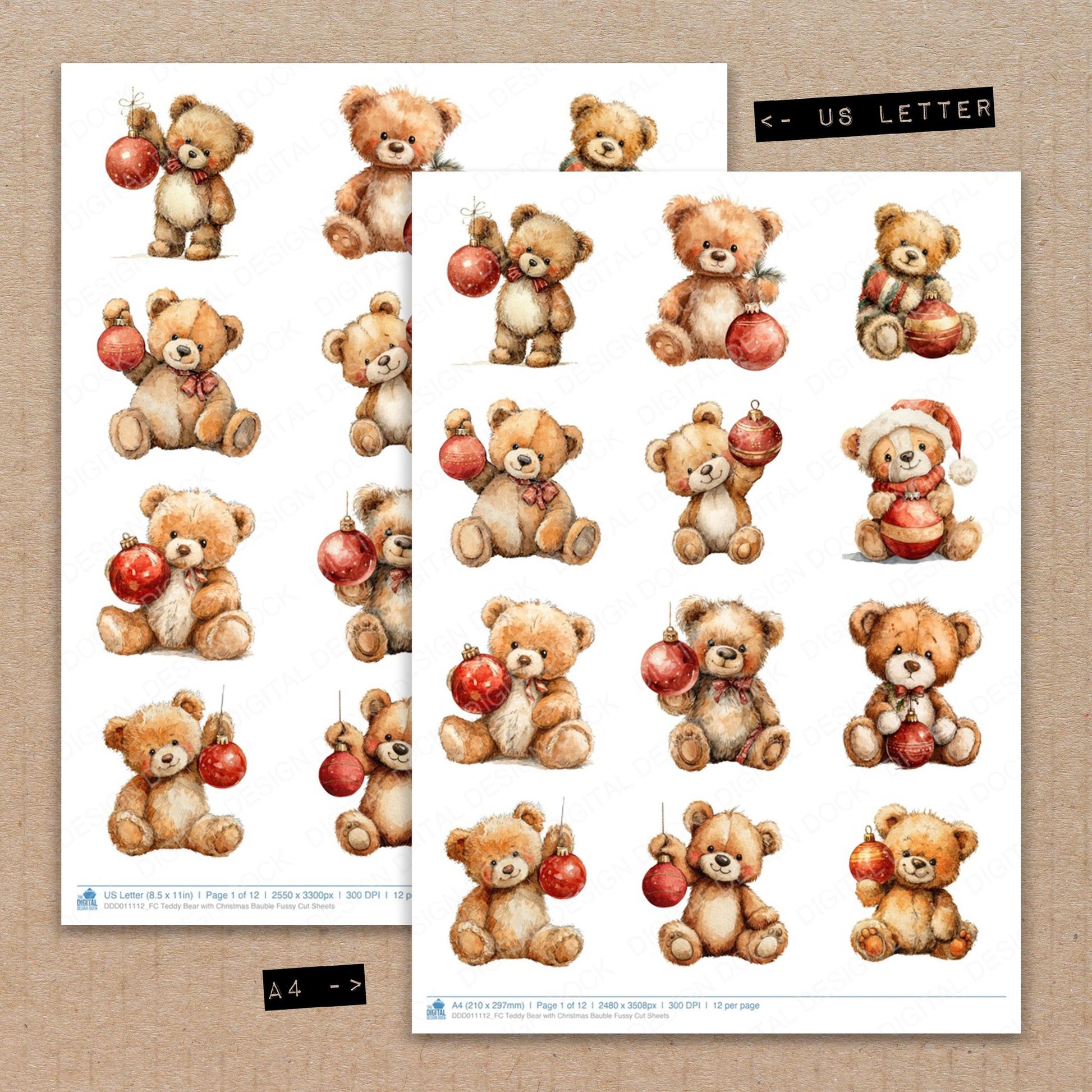 A4 and US Letter format comparison showing Teddy Bear with Christmas Bauble fussy cut pages for print and cut crafting