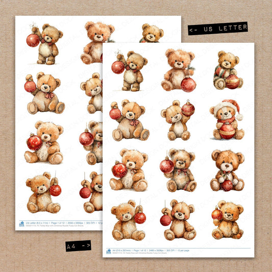 A4 and US Letter format comparison showing Teddy Bear with Christmas Bauble fussy cut pages for print and cut crafting