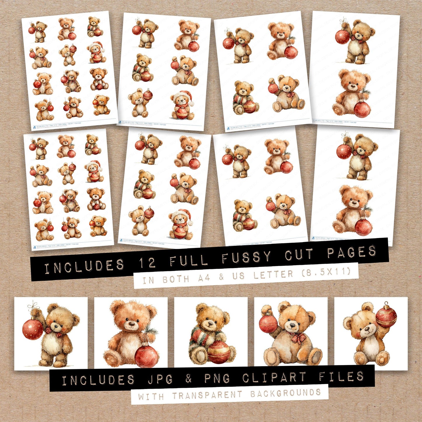 Full collection view of Teddy Bear with Christmas Bauble fussy cut sheets with bonus clipart JPG and PNG files