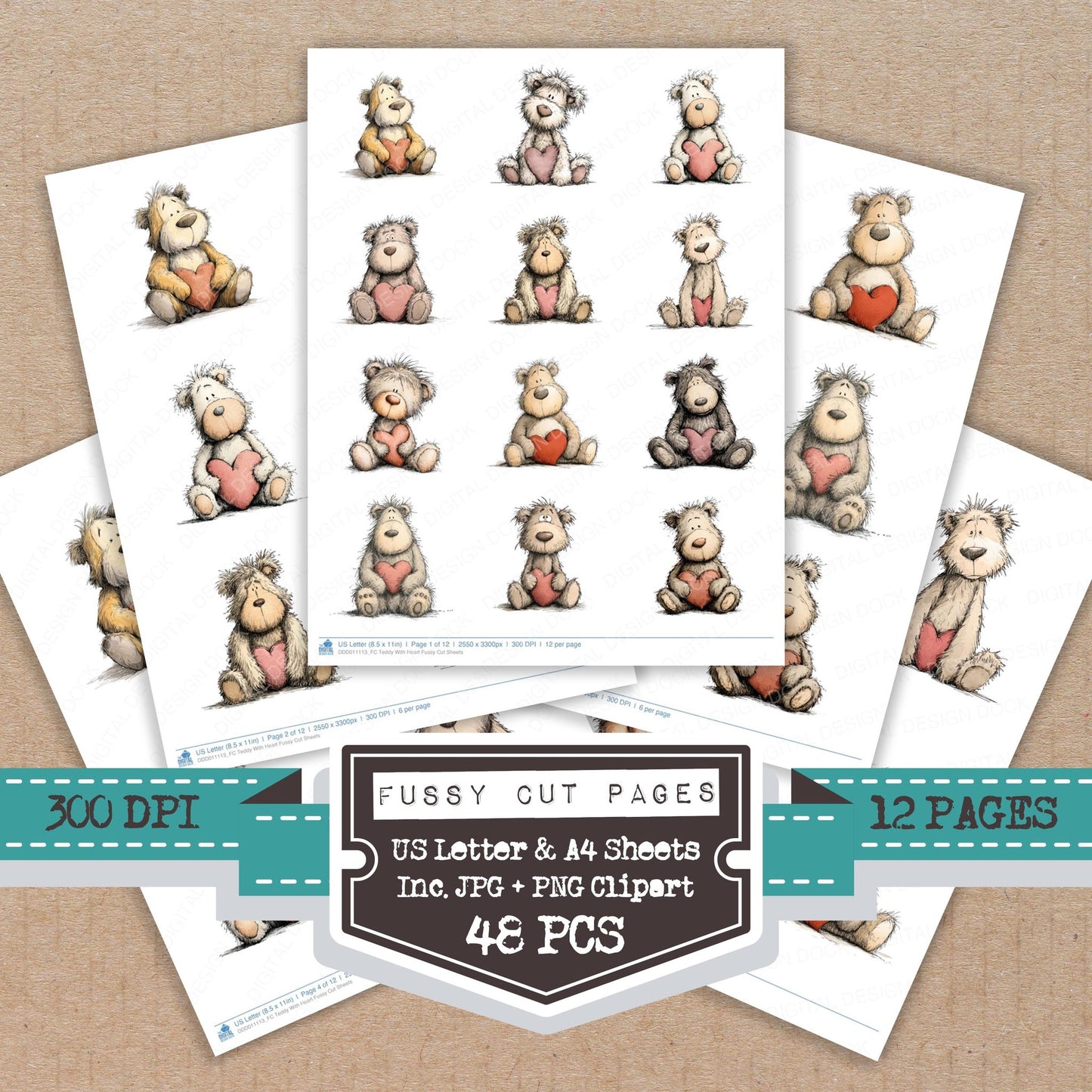 Teddy With Heart fussy cut printable sheets for junk journaling, scrapbooking, and paper craft projects