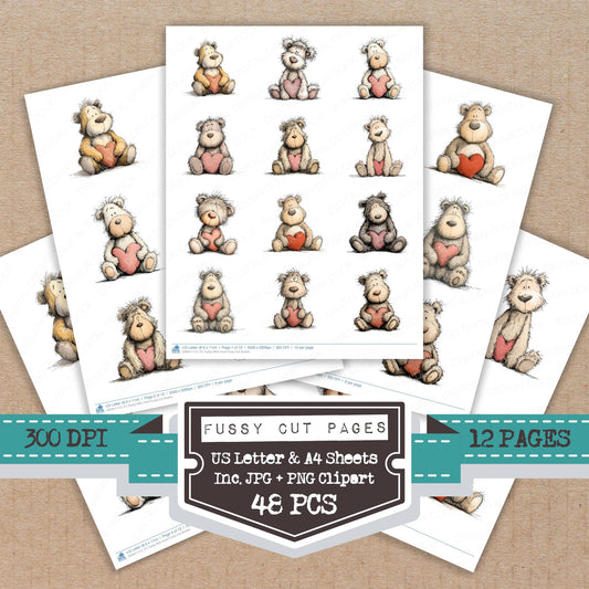 Teddy With Heart fussy cut printable sheets for junk journaling, scrapbooking, and paper craft projects