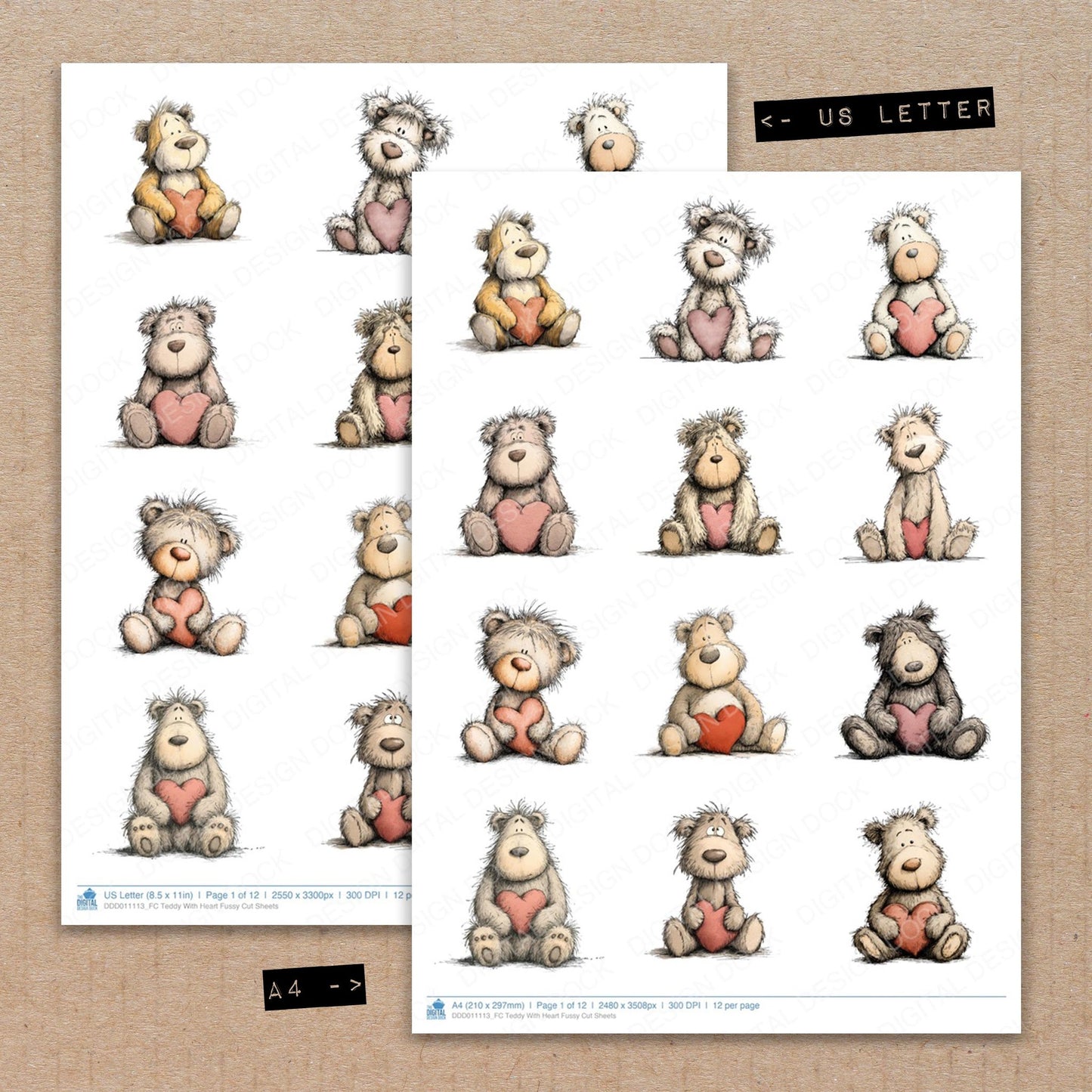A4 and US Letter format comparison showing Teddy With Heart fussy cut pages for print and cut crafting