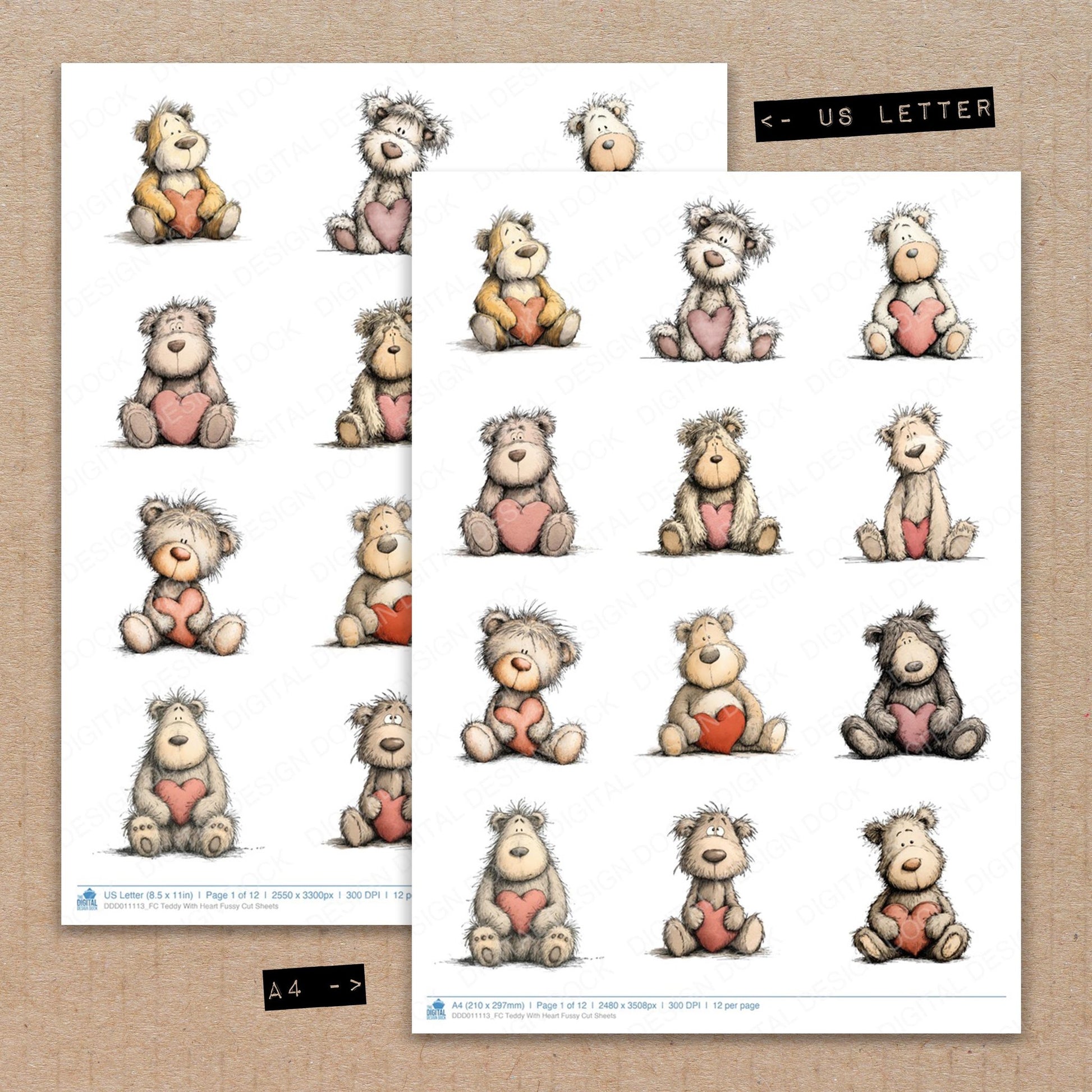 A4 and US Letter format comparison showing Teddy With Heart fussy cut pages for print and cut crafting