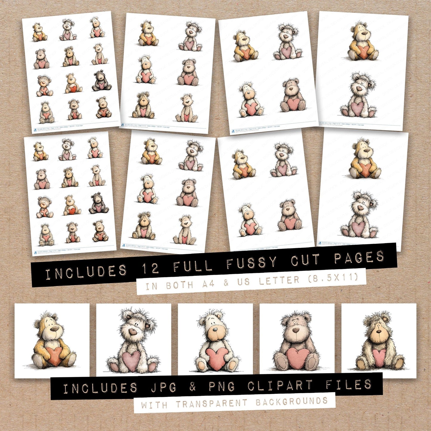 Full collection view of Teddy With Heart fussy cut sheets with bonus clipart JPG and PNG files