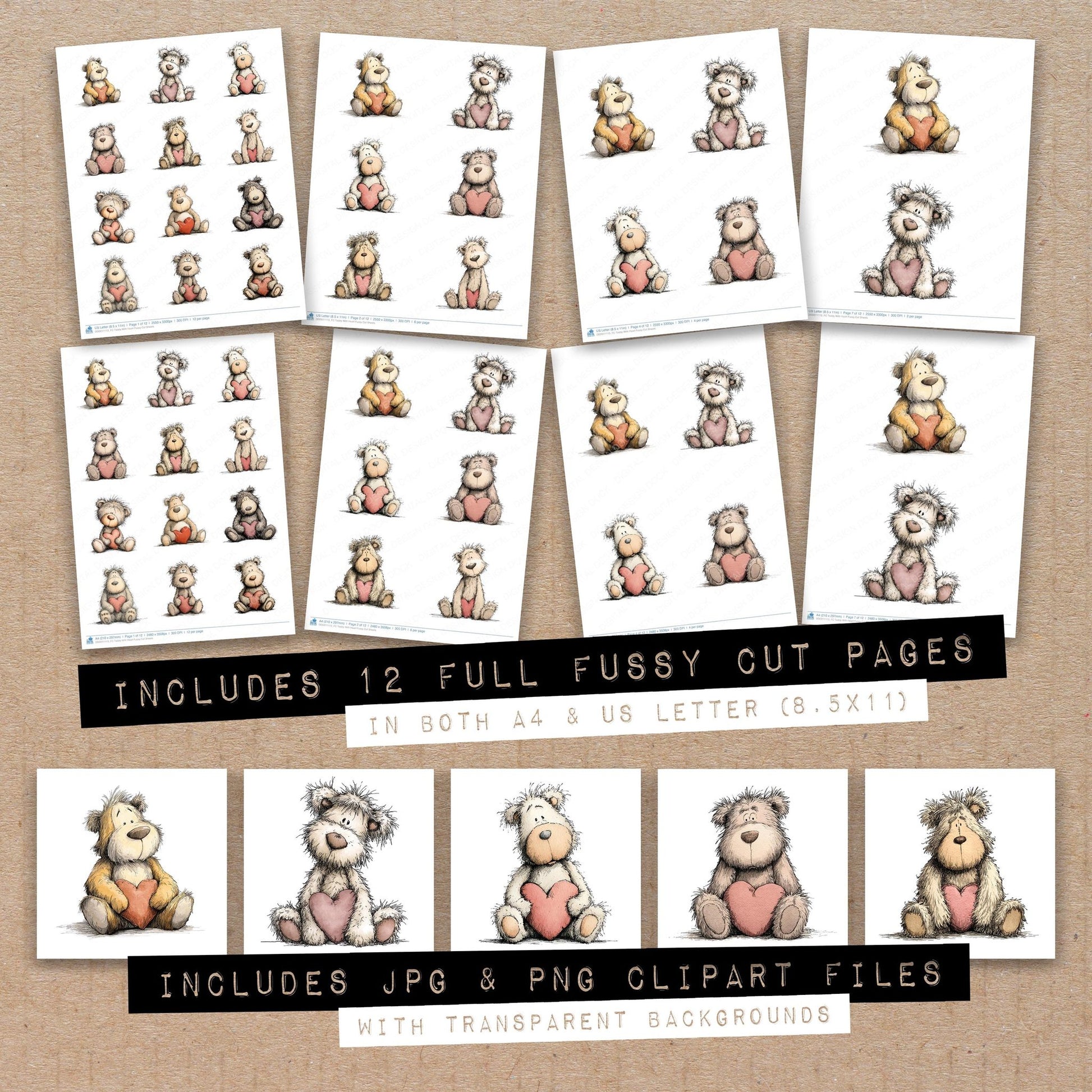 Full collection view of Teddy With Heart fussy cut sheets with bonus clipart JPG and PNG files
