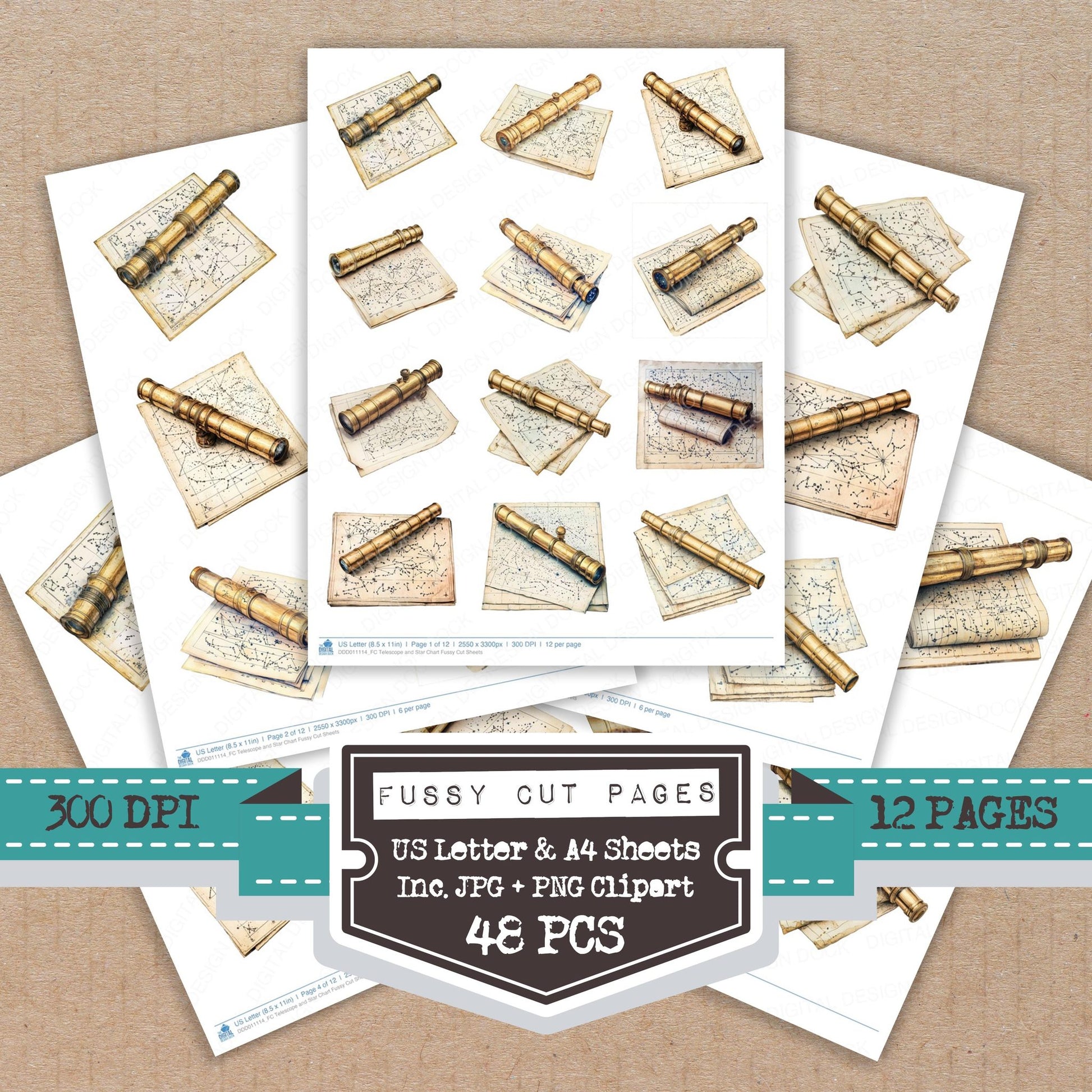 Telescope and Star Chart fussy cut printable sheets for junk journaling, scrapbooking, and paper craft projects