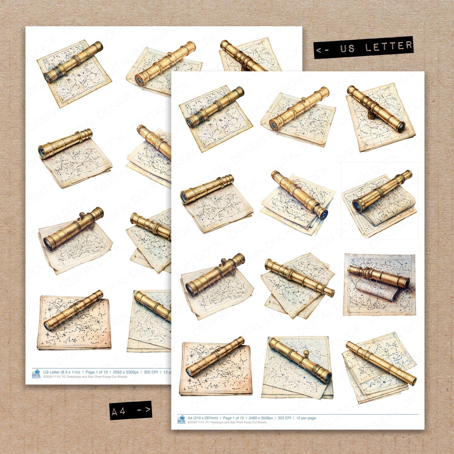 A4 and US Letter format comparison showing Telescope and Star Chart fussy cut pages for print and cut crafting