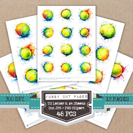 Tennis Ball Splash fussy cut printable sheets for junk journaling, scrapbooking, and paper craft projects