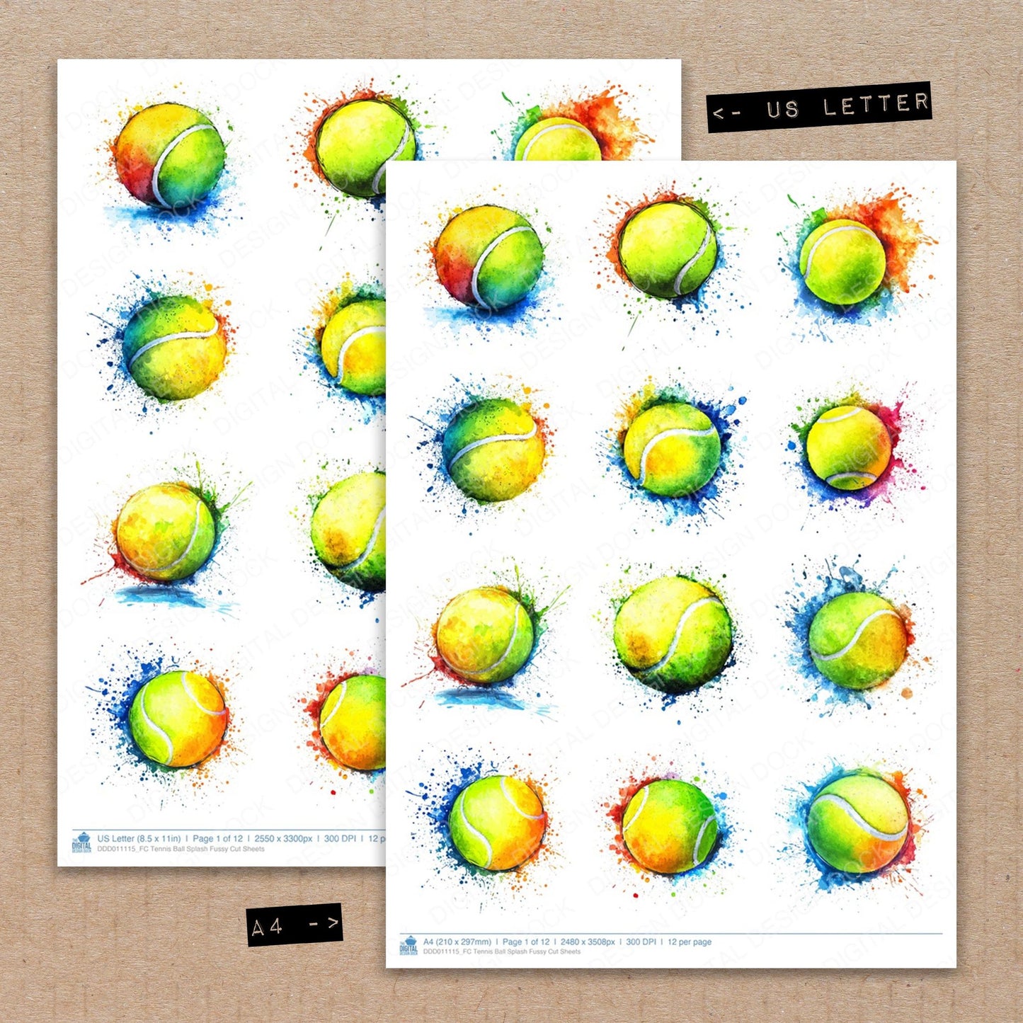 A4 and US Letter format comparison showing Tennis Ball Splash fussy cut pages for print and cut crafting