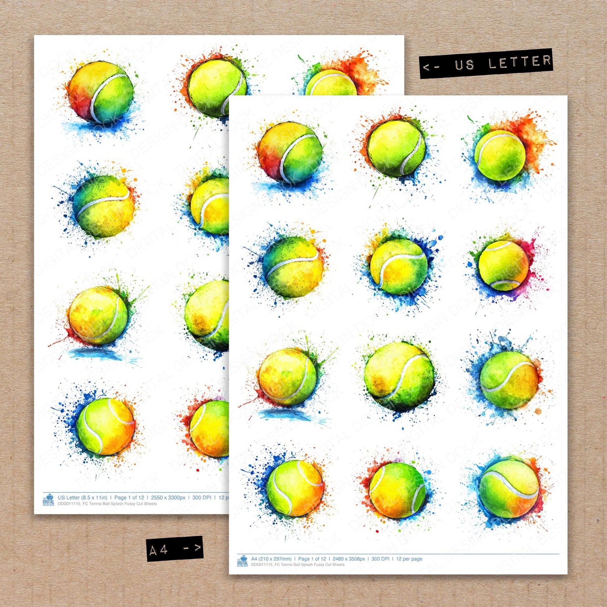 A4 and US Letter format comparison showing Tennis Ball Splash fussy cut pages for print and cut crafting