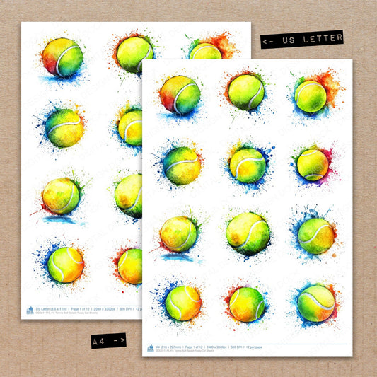 A4 and US Letter format comparison showing Tennis Ball Splash fussy cut pages for print and cut crafting