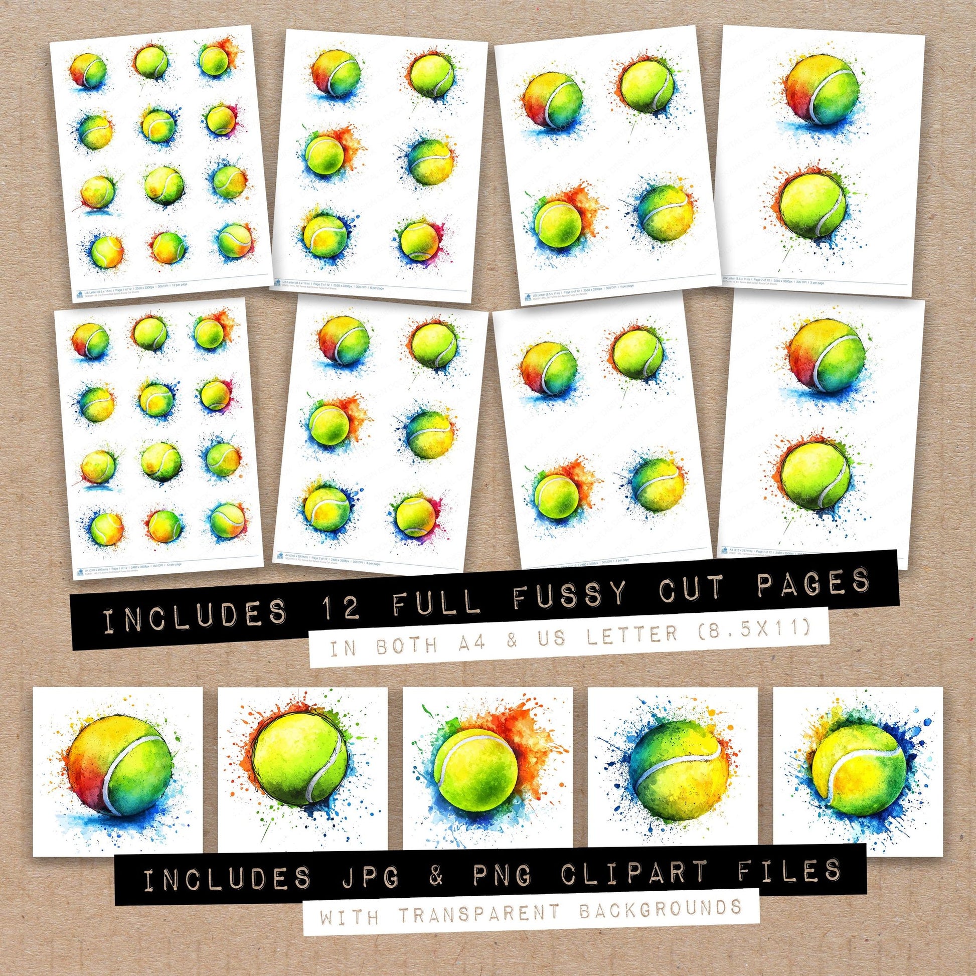 Full collection view of Tennis Ball Splash fussy cut sheets with bonus clipart JPG and PNG files
