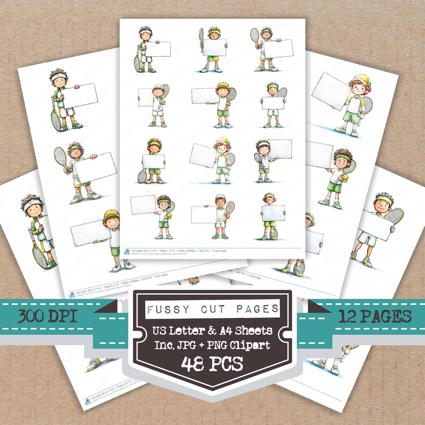 Tennis Player Signboard fussy cut printable sheets for junk journaling, scrapbooking, and paper craft projects