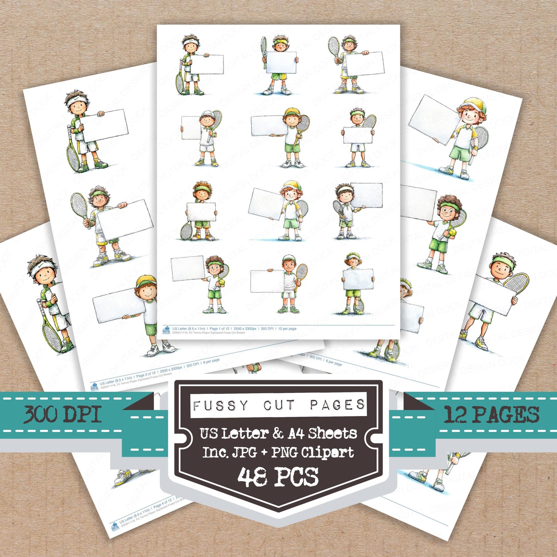 Tennis Player Signboard fussy cut printable sheets for junk journaling, scrapbooking, and paper craft projects