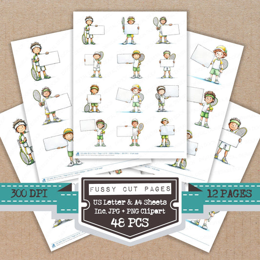 Tennis Player Signboard fussy cut printable sheets for junk journaling, scrapbooking, and paper craft projects
