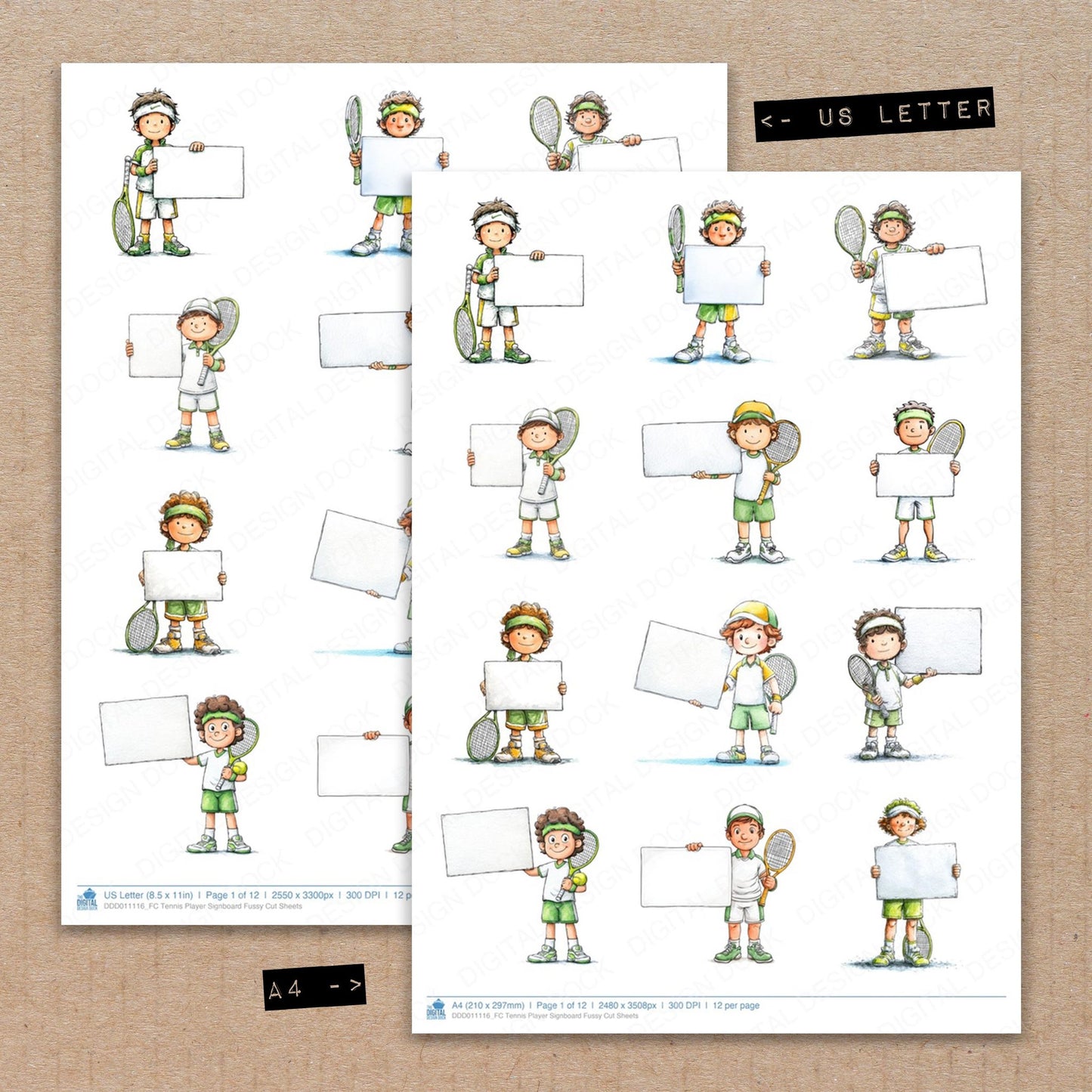 A4 and US Letter format comparison showing Tennis Player Signboard fussy cut pages for print and cut crafting