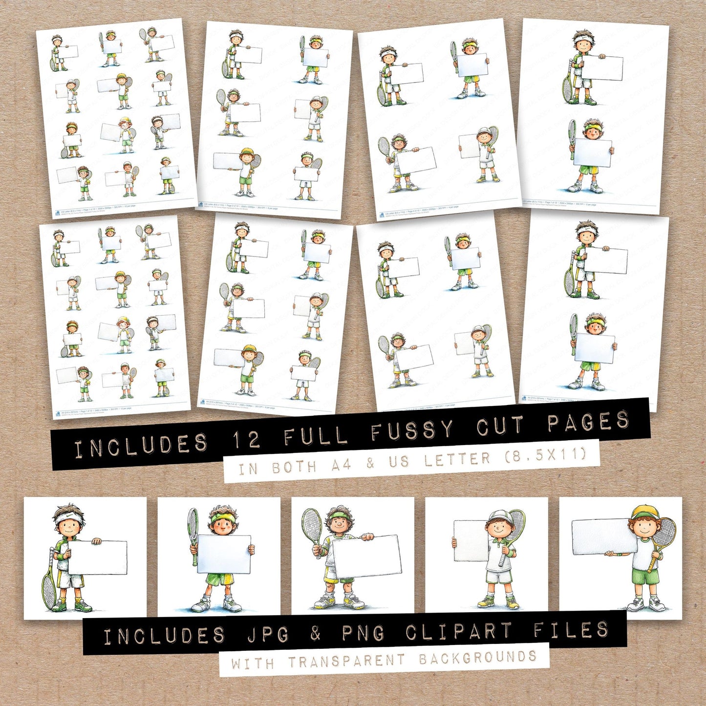 Full collection view of Tennis Player Signboard fussy cut sheets with bonus clipart JPG and PNG files