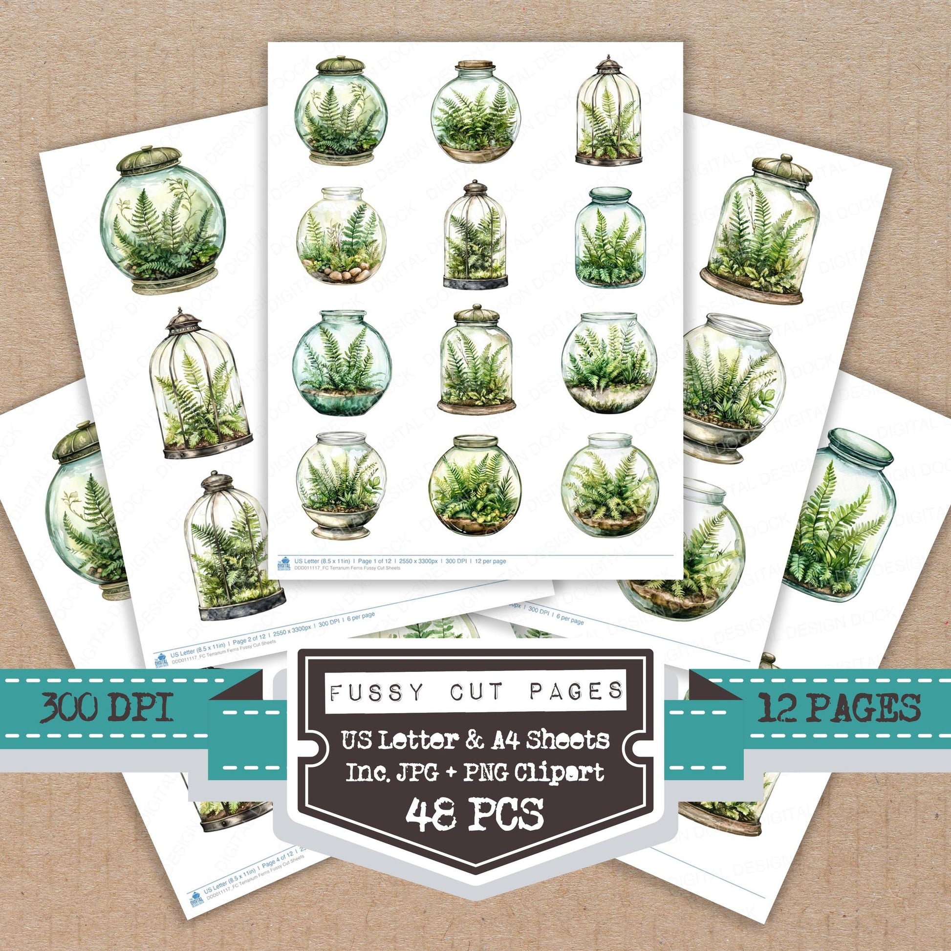 Terrarium Ferns fussy cut printable sheets for junk journaling, scrapbooking, and paper craft projects