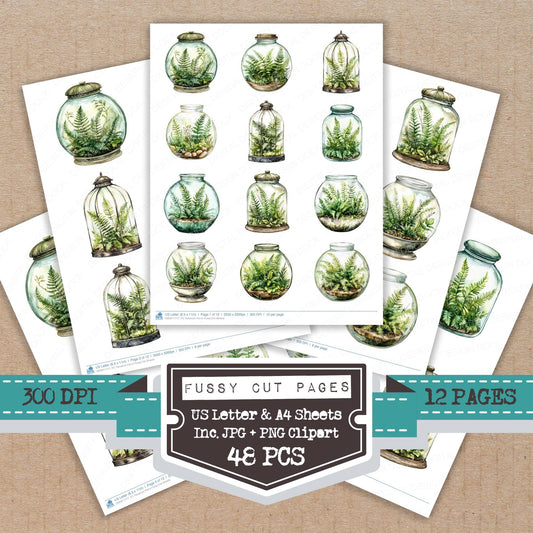 Terrarium Ferns fussy cut printable sheets for junk journaling, scrapbooking, and paper craft projects