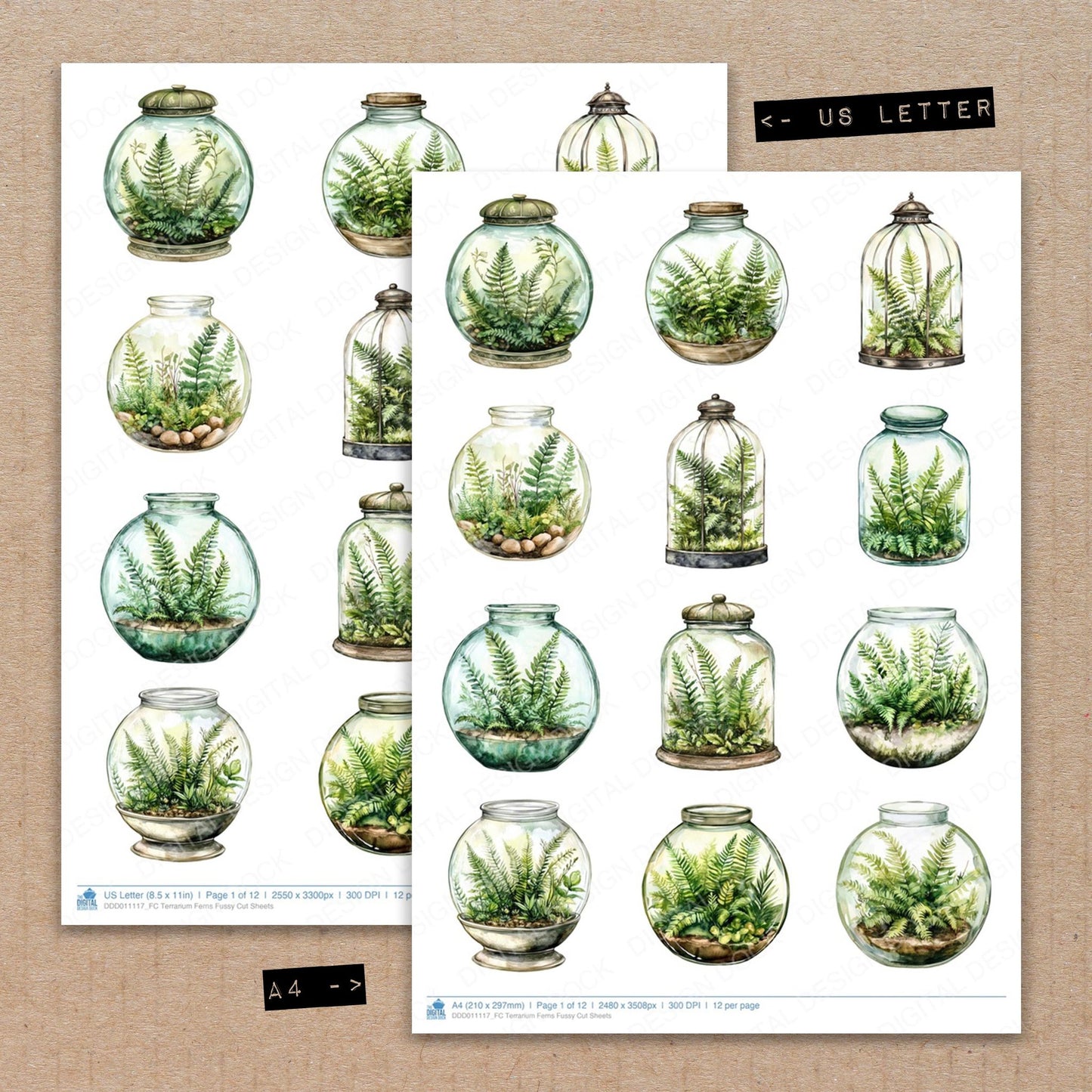 A4 and US Letter format comparison showing Terrarium Ferns fussy cut pages for print and cut crafting